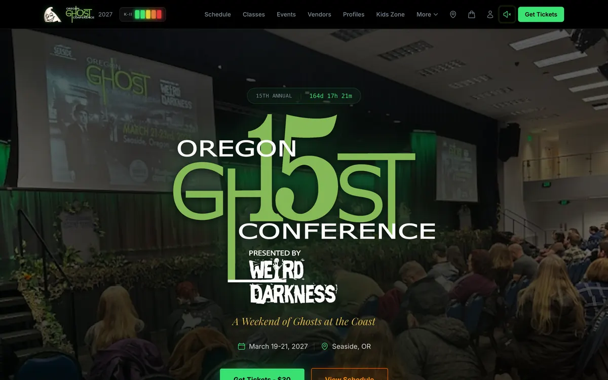 The rebuilt Oregon Ghost Conference homepage: countdown to the 15th annual conference, the K-II meter in the nav, and the sound toggle.