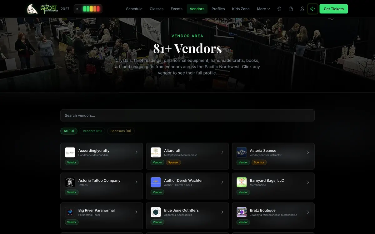 The vendor directory on the live site: 81 vendors with search and role filters, every card built from a Mission Control profile.