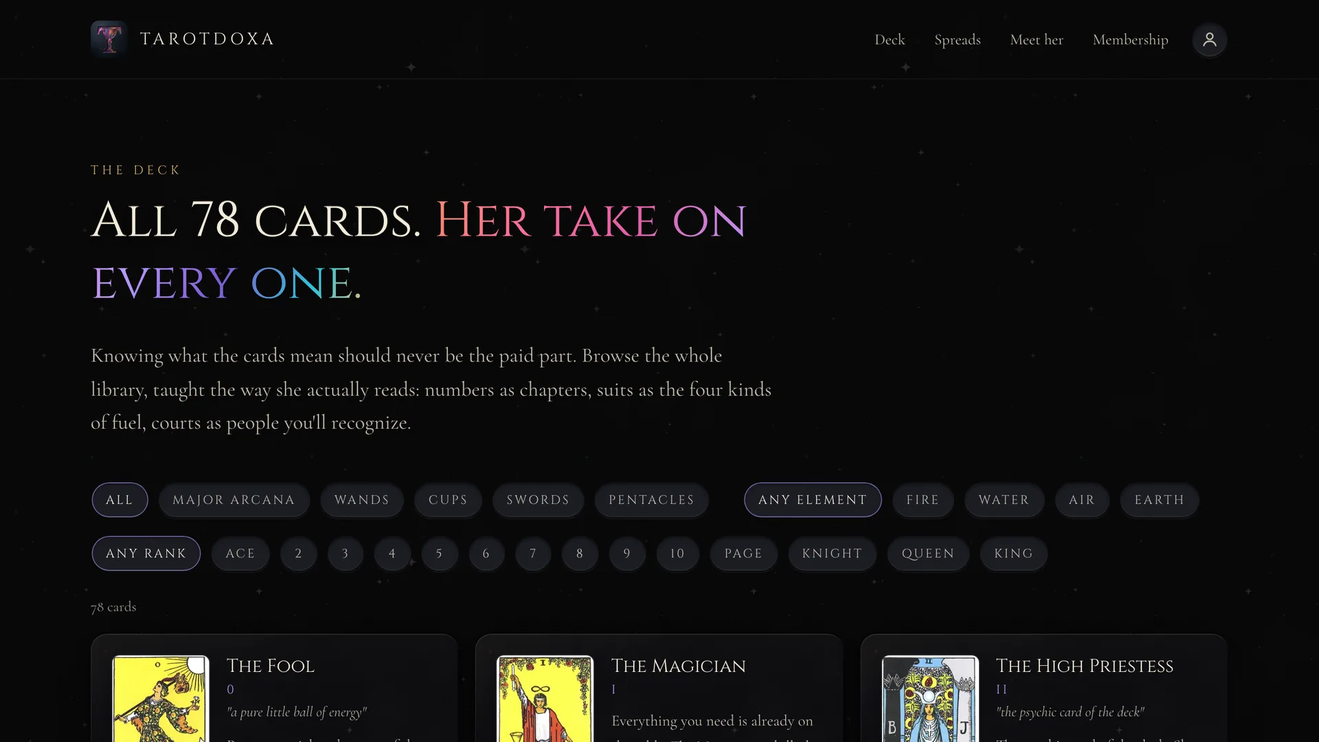 Tarotdoxa - the 78-card deck explorer